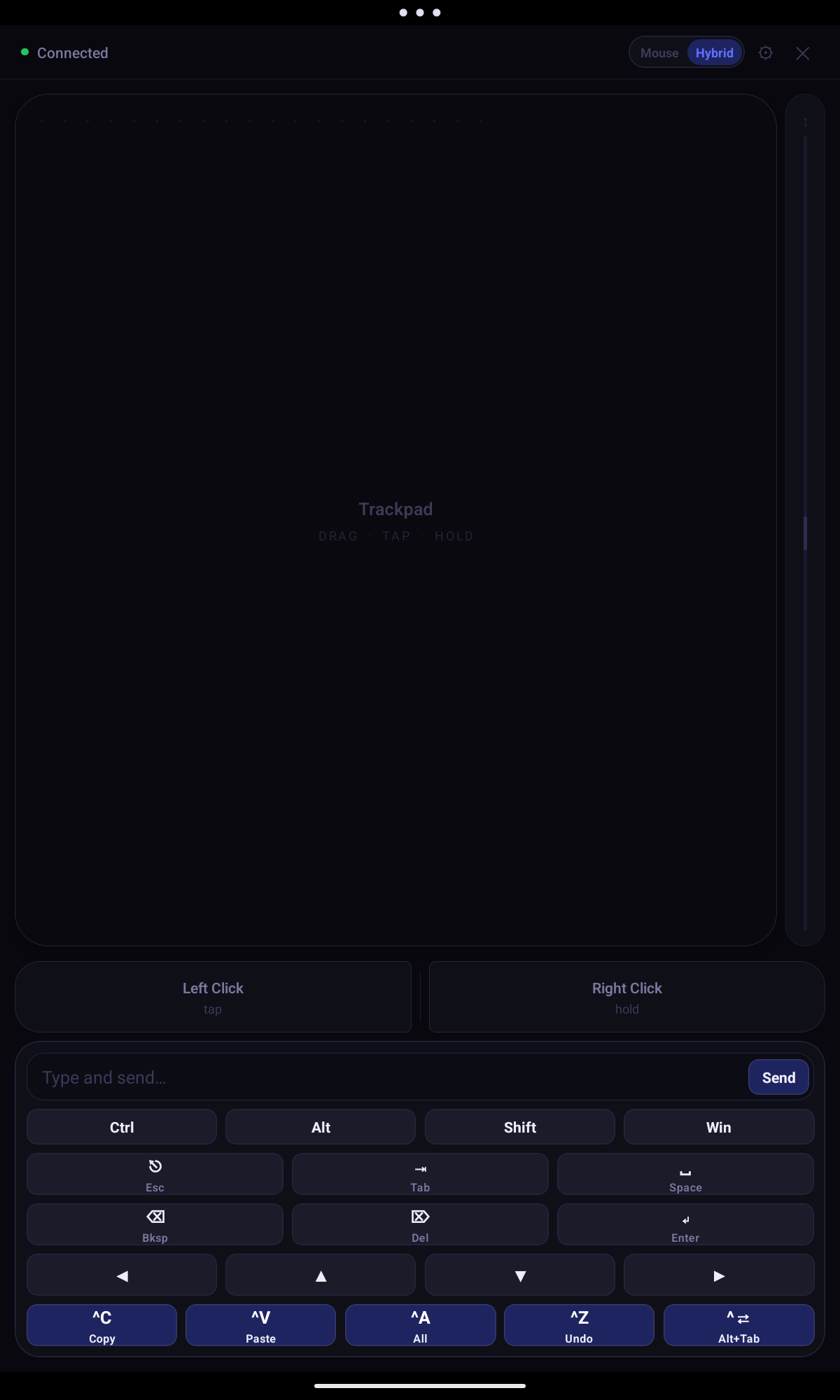 Hybrid mode combining trackpad with full keyboard shortcuts panel
