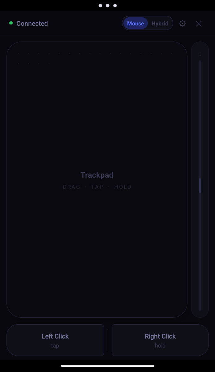 Remote Mouse Android app in mouse mode showing full-screen trackpad with left and right click buttons