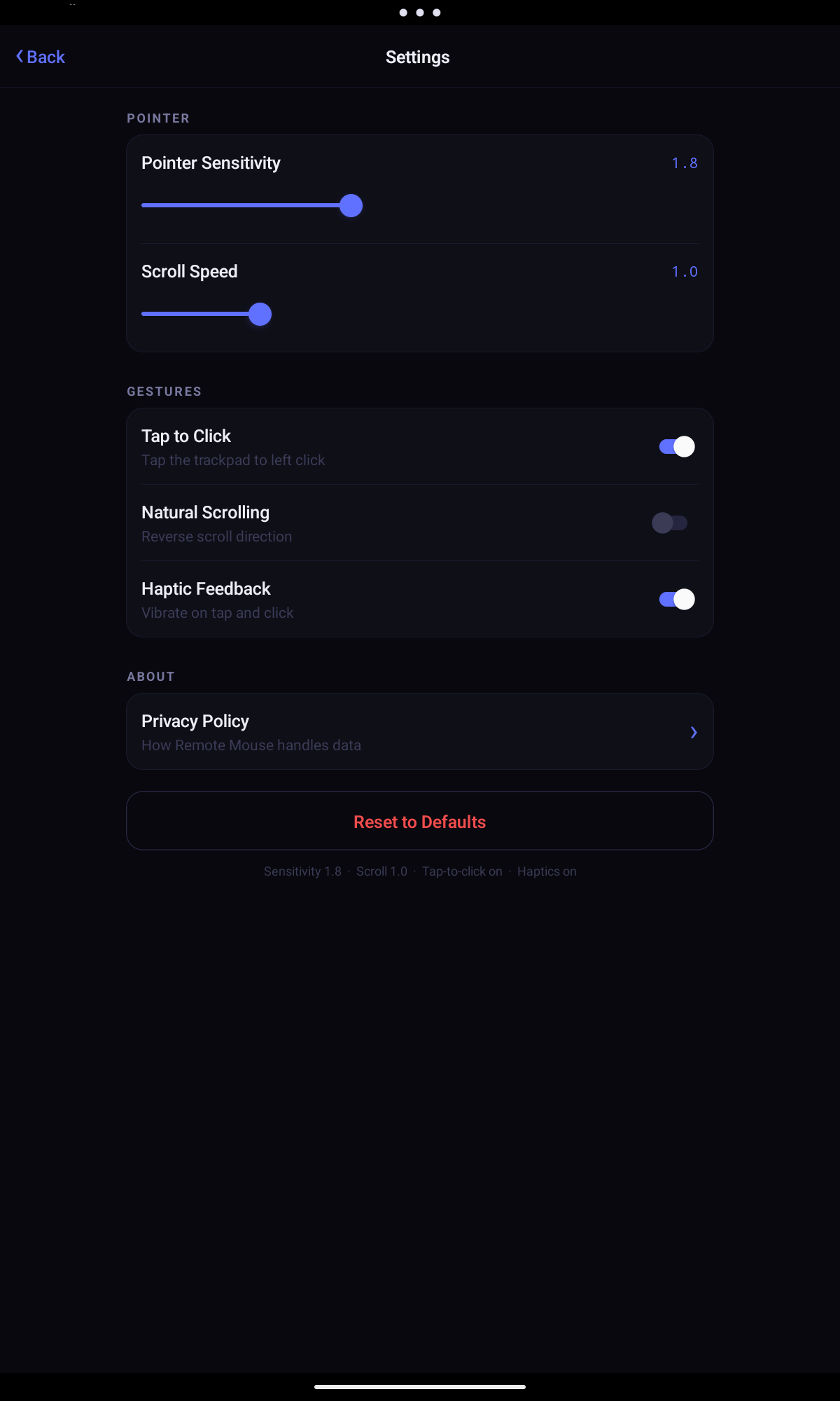 Settings screen showing pointer sensitivity, scroll speed, gesture toggles, and haptic feedback